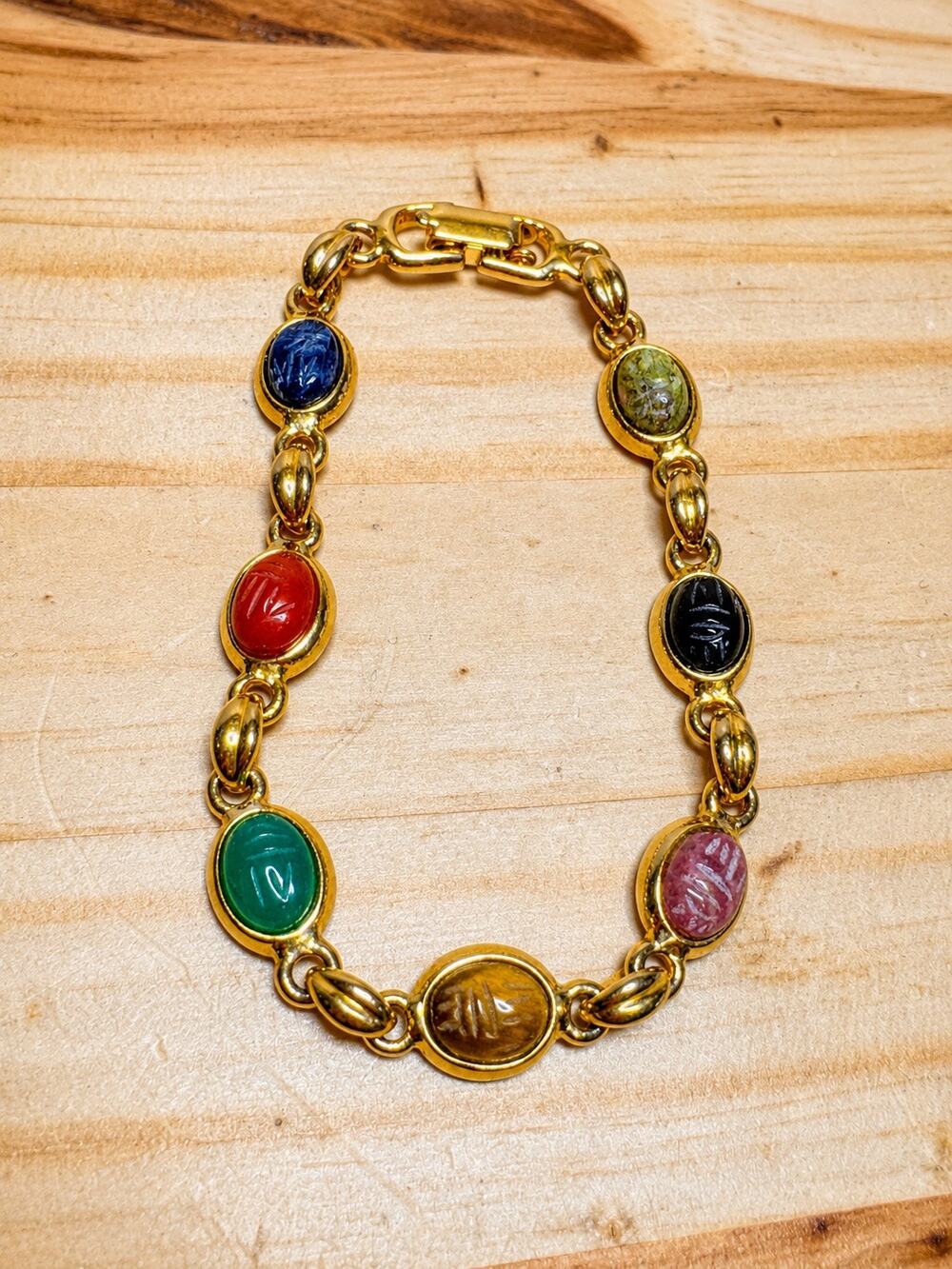 Gold Scarab Beaded Bracelets Multicolor Boho Cabochon Gold Tone